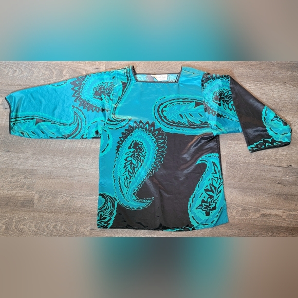 Oscar de la Renta for Swirl 80's 90's Vintage Kimono Blouse Womens M Black Teal - Picture 6 of 11